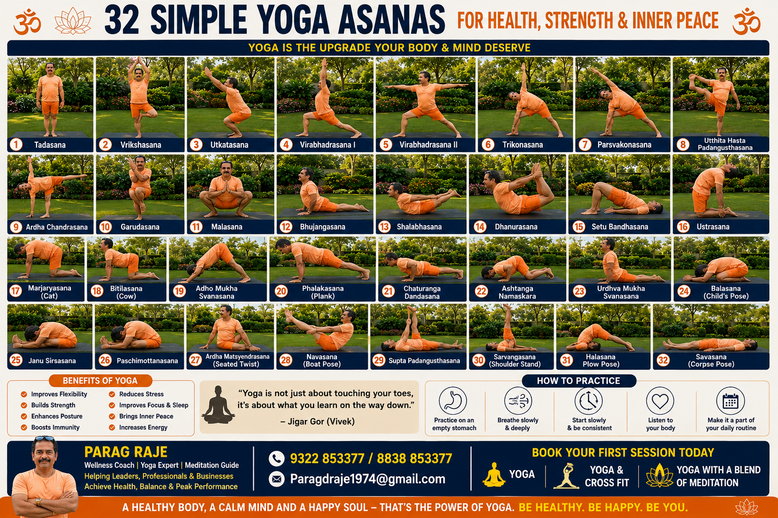 32 simple yoga asanas chart