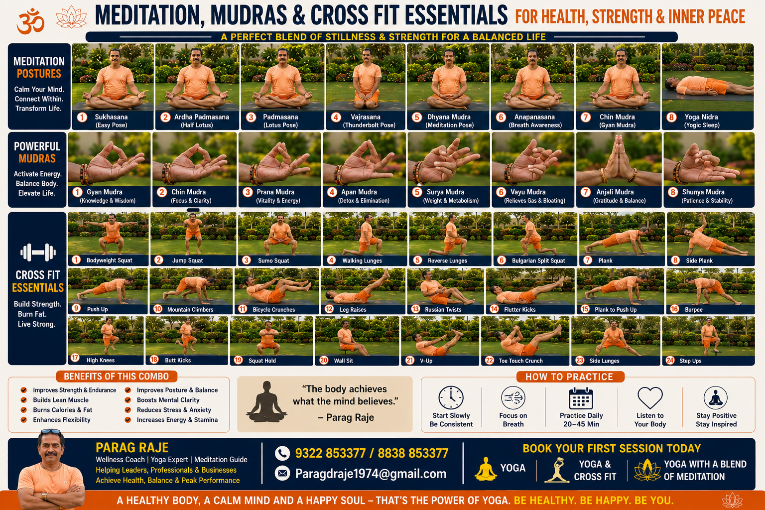 Meditation postures, powerful mudras and cross fit essentials chart