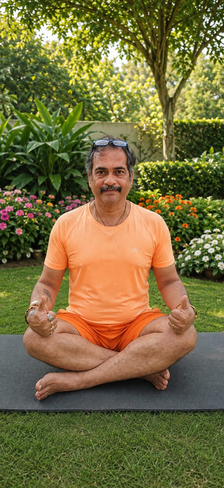 Parag Raje seated cross-legged on a mat in a flowering garden, giving a thumbs up